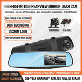 Dual-Lens Rearview Mirror Dash Cam with Front & Rear Full HD Recording, Wide-Angle Coverage, Night Vision, Loop Recording & Parking Monitor for Cars