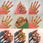 17KM Vintage Golden Heart Rings Set for Women Fashion Pink Green Color Resin Flower Love Heart Ring Wholesale Jewelry heart ring trendy