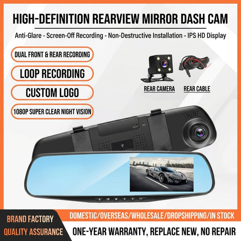 Dual-Lens Rearview Mirror Dash Cam with Front & Rear Full HD Recording, Wide-Angle Coverage, Night Vision, Loop Recording & Parking Monitor for Cars image