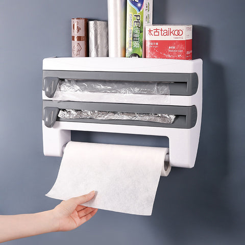 Multifunctional plastic wrap cutter wall-mounted kitchen paper towel rack sliding knife type tin foil dividing box storage rack image